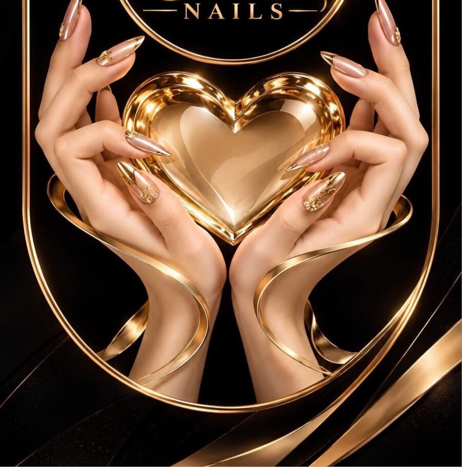 Nude almond nails with gold details holding a gold heart
